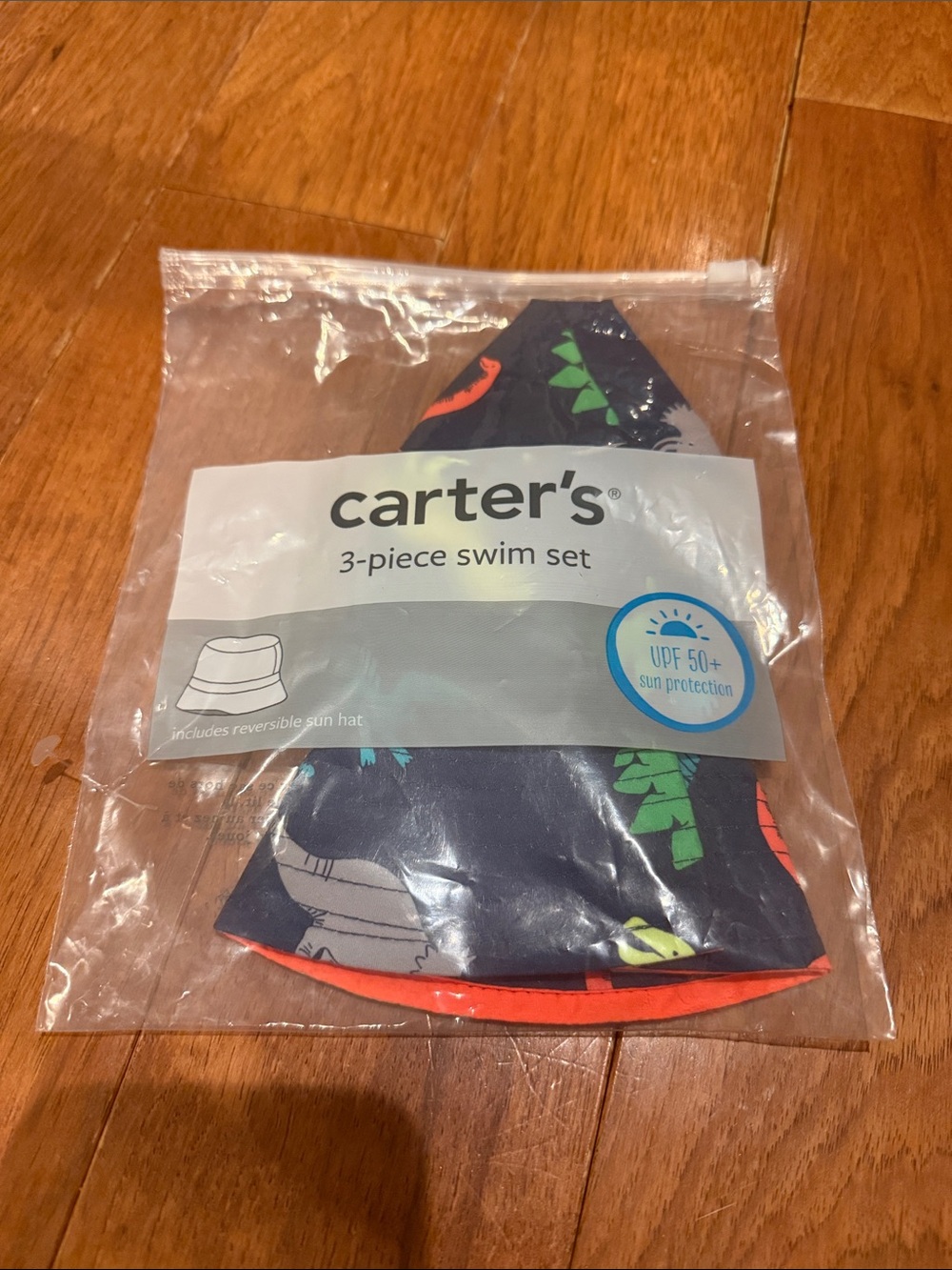 Carter's Navy Swim Bucket Hat with Green & Orange Dino Accents